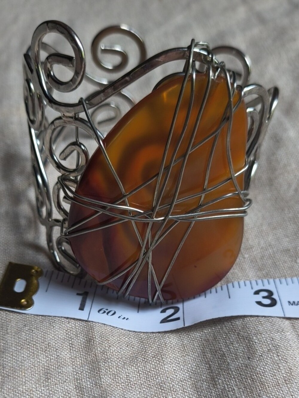 HUGE Handcrafted Hammered Stainless Steel Cuff With Carnelian Agate Bohochic - Picture 8 of 8